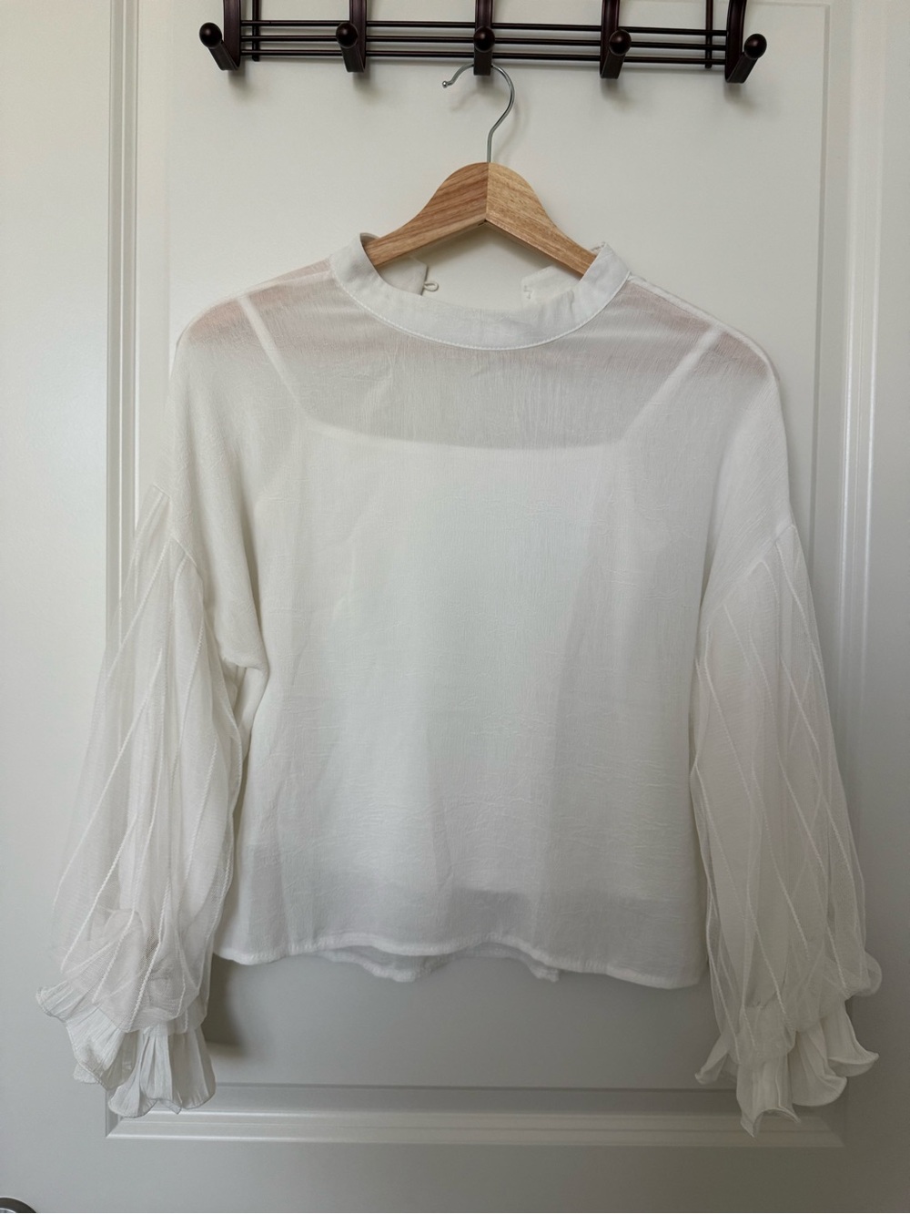 2 pc Sheer White Blouse with Ruffled Sleeves +white tanktop